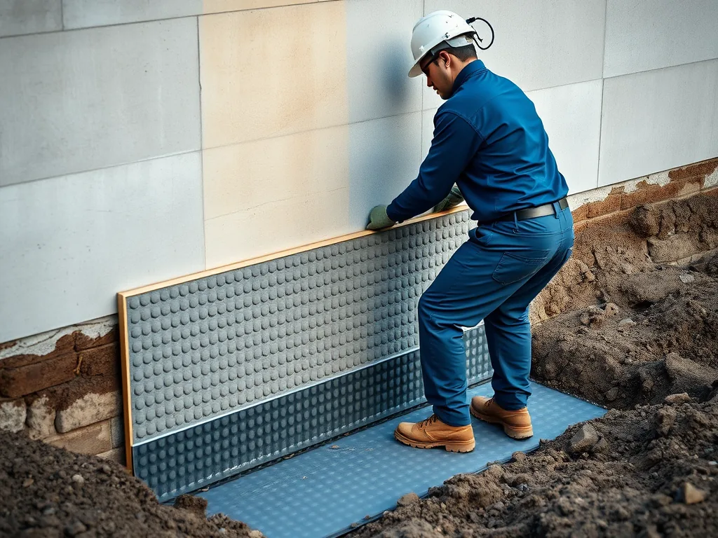 Waterproofing contractor fitting a dimple drainage membrane against a concrete foundation wall in an open excavation